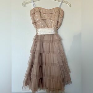 NWOT size 3 beige/cream layered chiffon strapless dress w/ pale gold satin belt